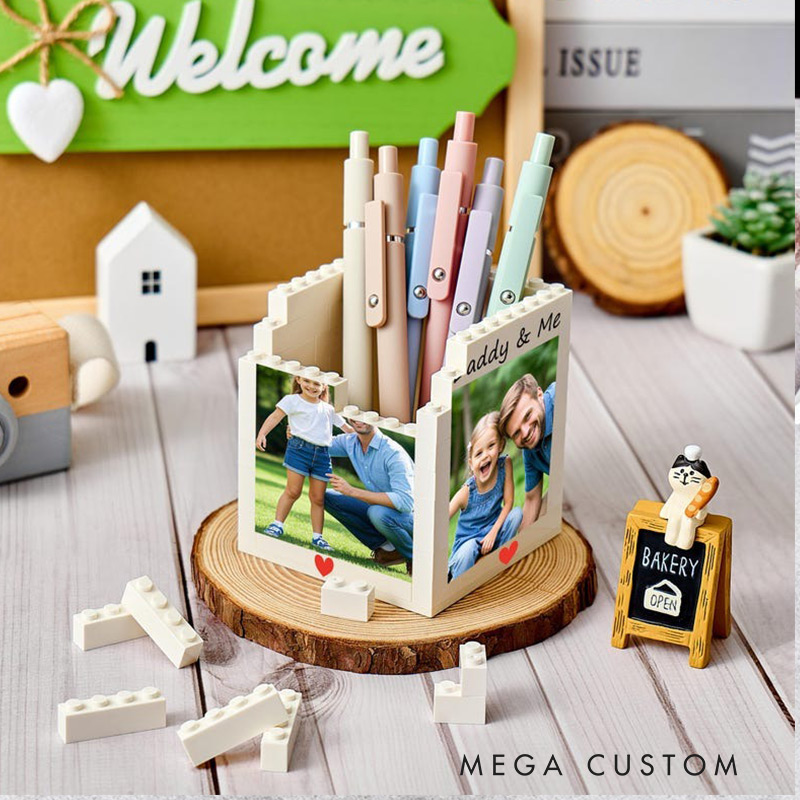 Personalised Daddy & Me Brick Photo Block Pencil Pot Brick-Inspired Organizer Customized Photo Block Pencil Holder Gifts for Dad Kids Children Student