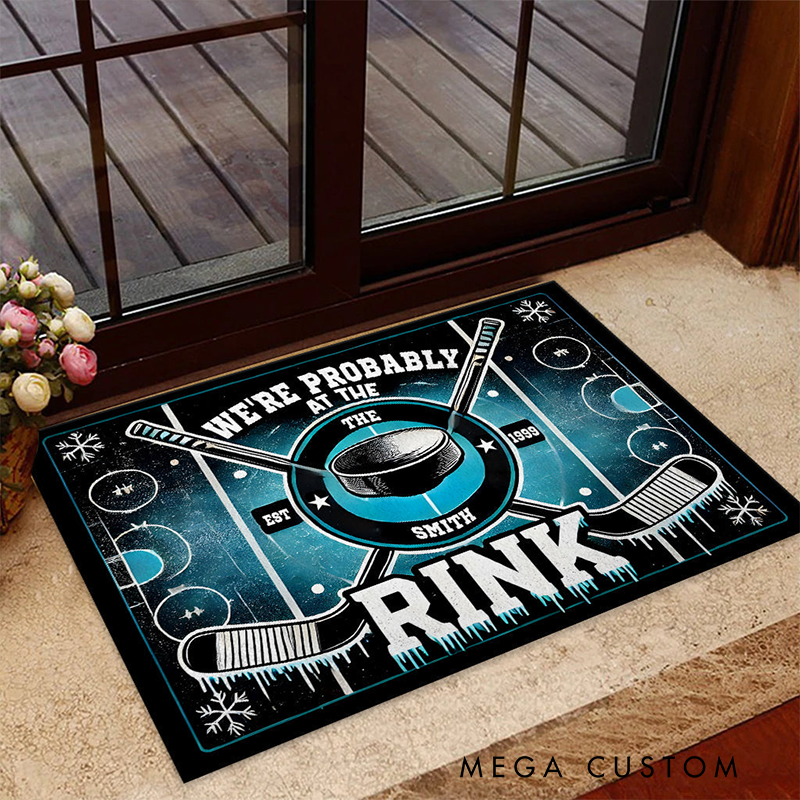 Personalized Ice Hockey Rink Doormat with Custom Name and Year for a Unique Welcome