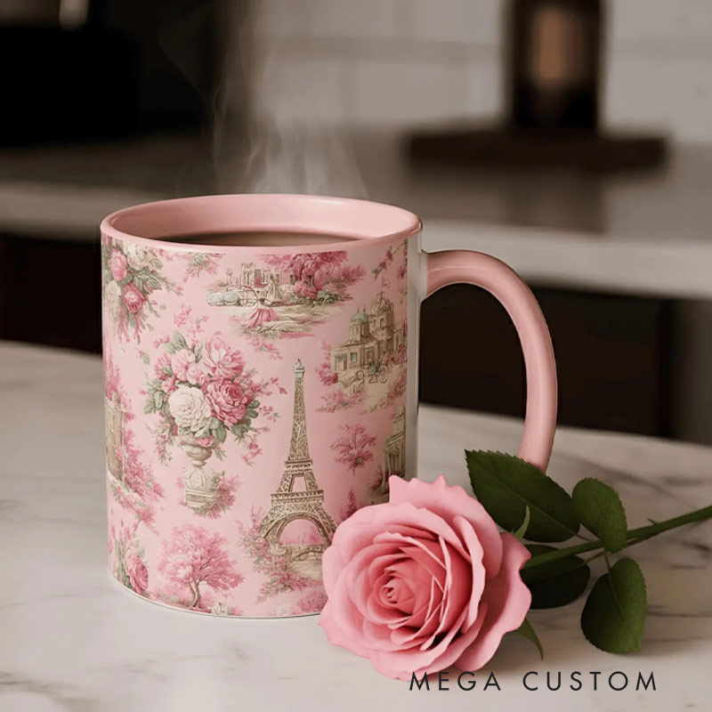 Personalized Pink Paris Toile Mug Eiffel Tower Chinoiserie Coffee Cup for Traveling Lovers