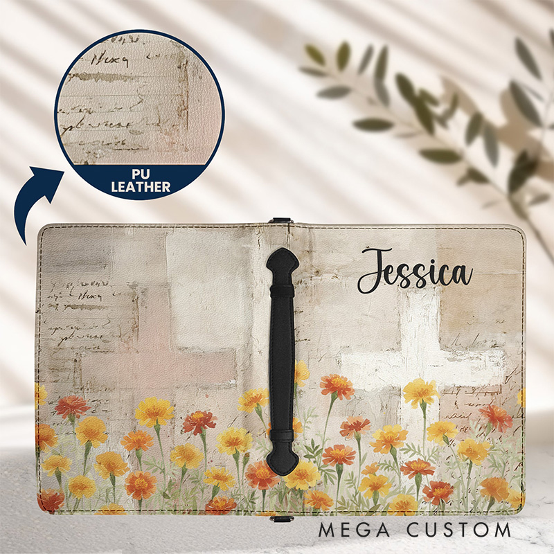 Personalized Watercolor Birth Flower Cross PU Leather Bible Cover Case with Custom Name and Carry Handle Religious Birthday Gift for Christian Women