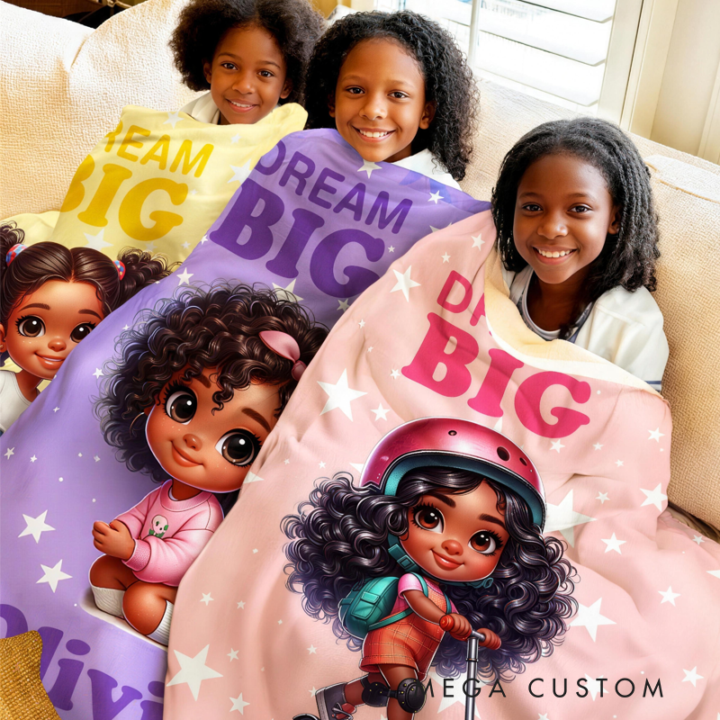 Personalized Multicolor Cartoon Dream Big Black Boy Girl Soft Throw Blanket with Name Home Decor Christmas Birthday Gift for Kids