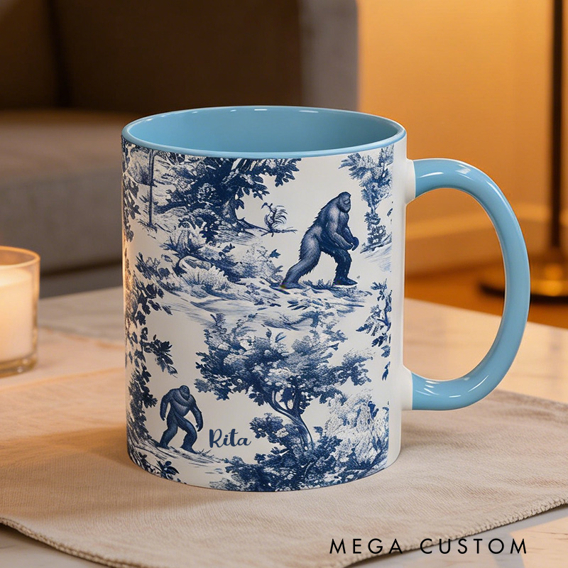 Personalized Toile-Style Mug Cryptid Lover Blue Toile Coffee Cup Paranormal Gift Outdoor Nature Lover Gift