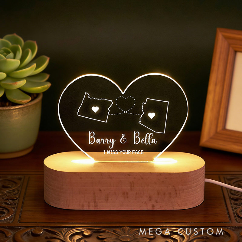Personalized Two-State Map Night Lamp Long Distance Gift for Traveling Lovers