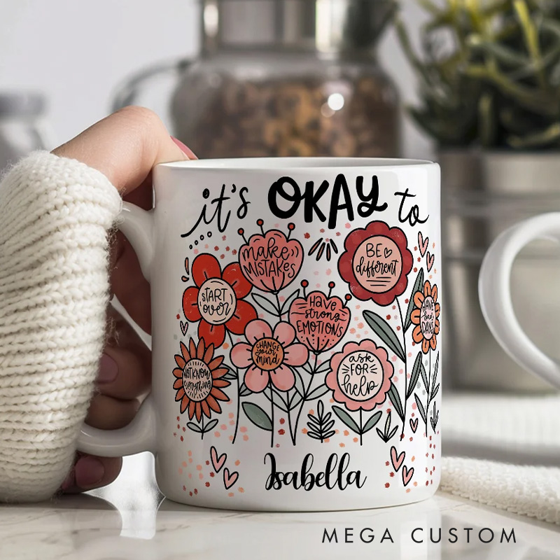 Personalized Flower Mug Custom Floral Positive Inspirational Word Mug with Name Gardening Lover Gift for Gardener Plant Lover