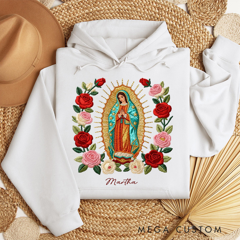 Personalized Our Lady of Guadalupe Classic Hoodies with Custom Name Graphic 3D Print Blessed Mother Mary Catholic Sweatshirt Faith Gift Religious Gift