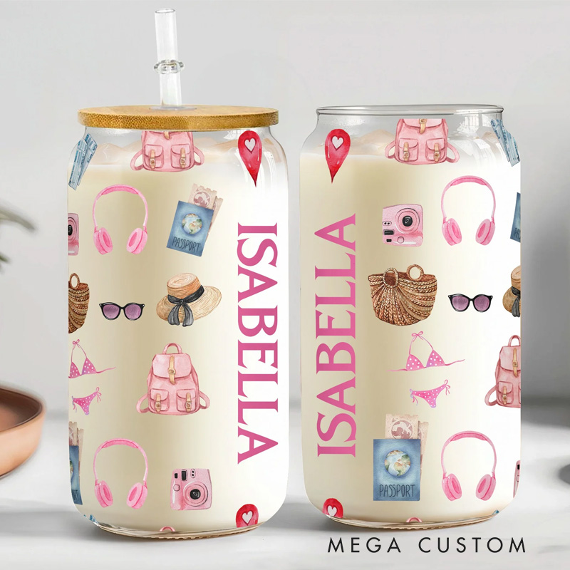 Personalized Just a Girl Who Loves Traveling Glass Tumbler Custom Clear Glass Cup with Lid and Straw for Traveling Lover Girls