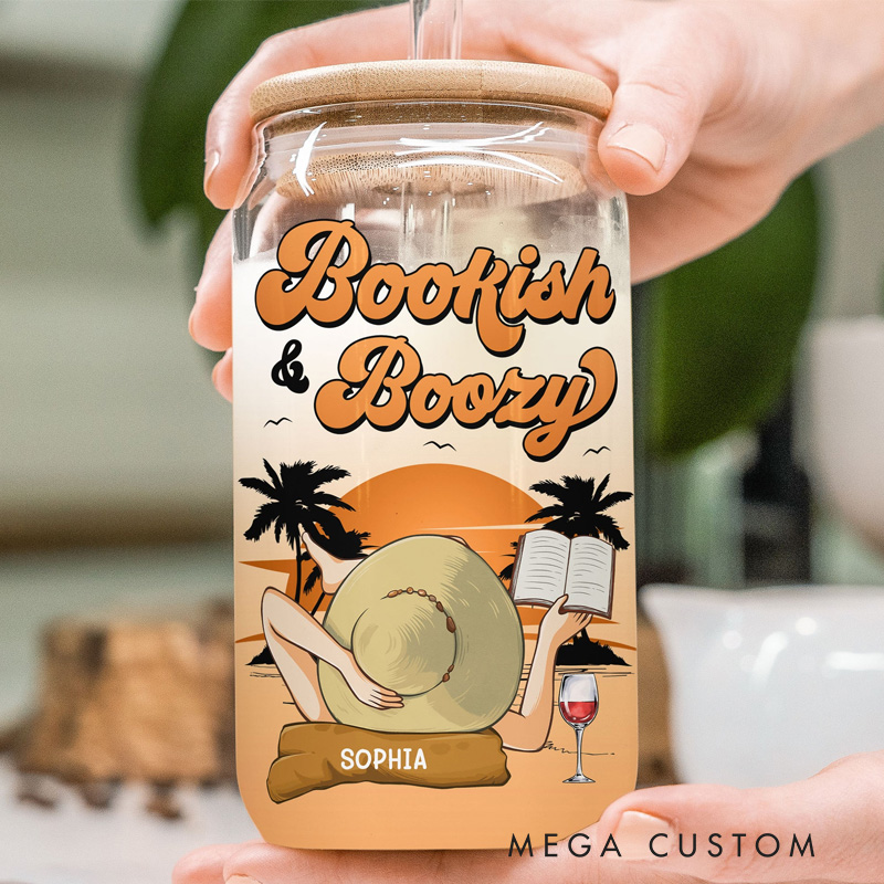 Personalized Bookish and Boozy Glass Tumbler Custom Clear Glass Cup with Lid and Straw for Book Lovers Reader Traveling Lover Girls
