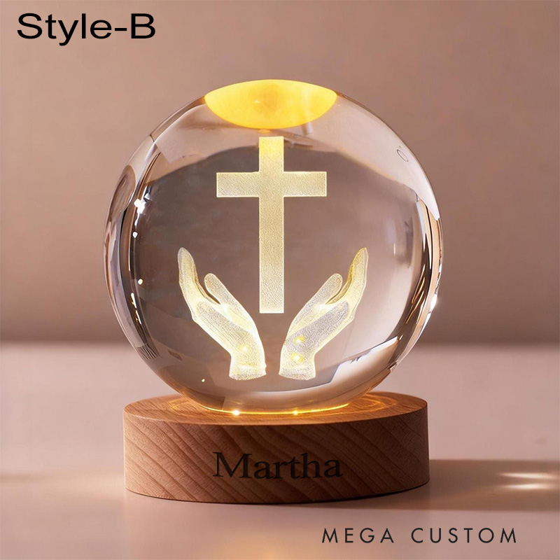 Personalized Cross 3D Engraved Crystal Ball Night Light With Custom Text in Wooden Base Home Decor Jesus Night Lamp Religious Gift Christmas Gift