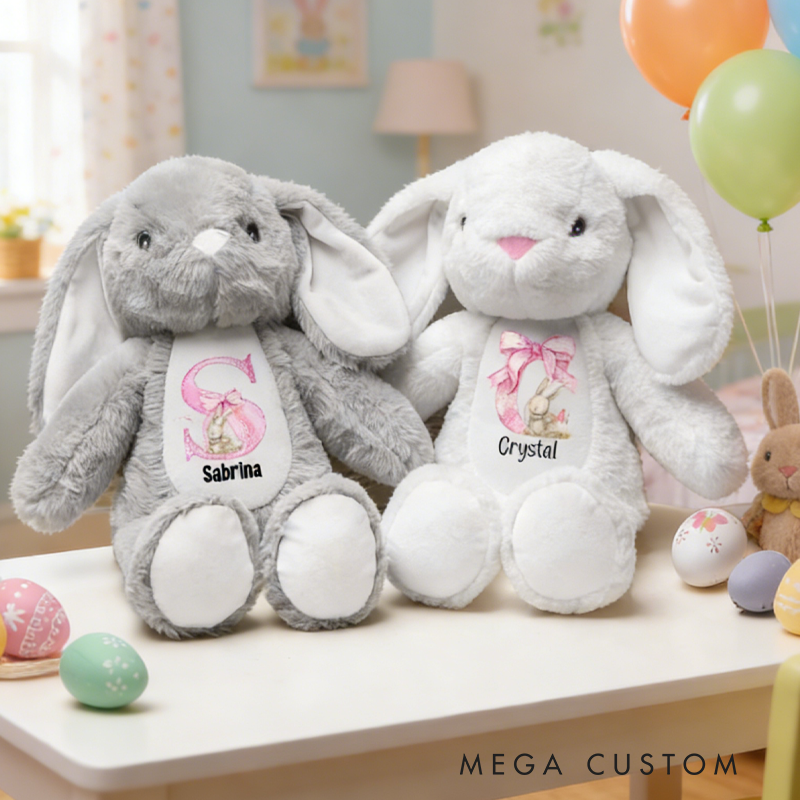 Personalized Pink Coquette Bow Initial Cute Easter Bunny Plush Stuffed Animal Toy with Name Easter Birthday Gift for Kids