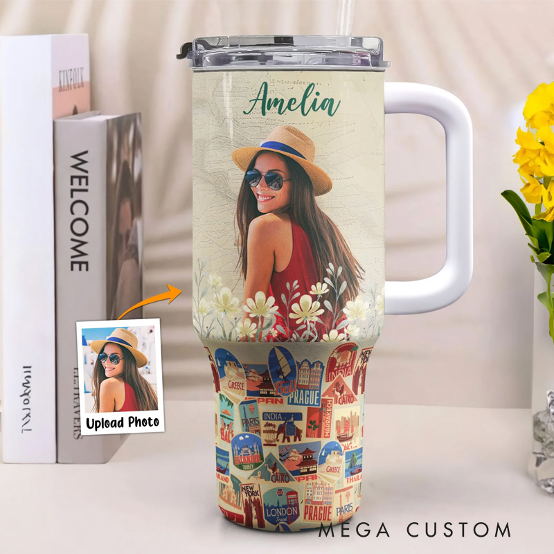 Personalized Photo Travel Tumbler Photo 40oz Tumbler With Straw and Name for Traveling Lover