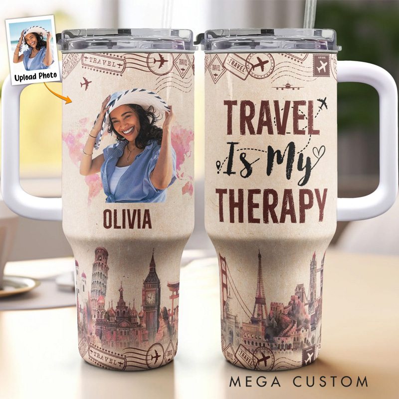 Personalized Travel is My Therapy Tumbler Photo 40oz Tumbler With Straw and Name for Traveling Lover