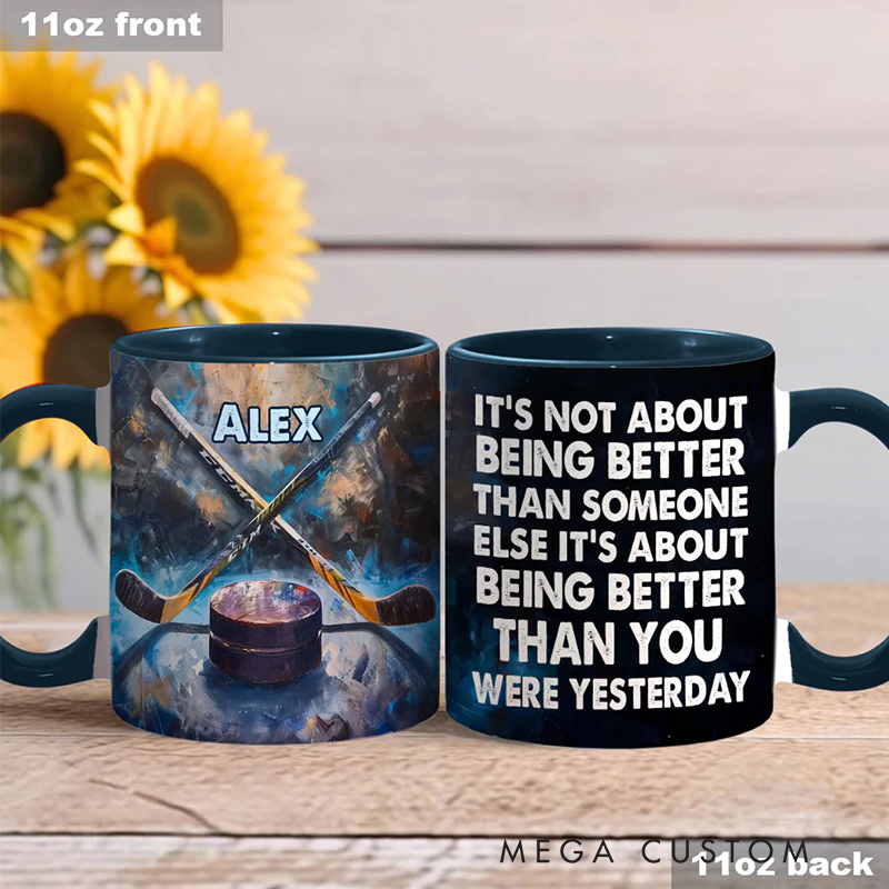 Personalized Ice Hockey Mug with Artistic Stick and Puck Design for Ice Hockey Enthusiasts