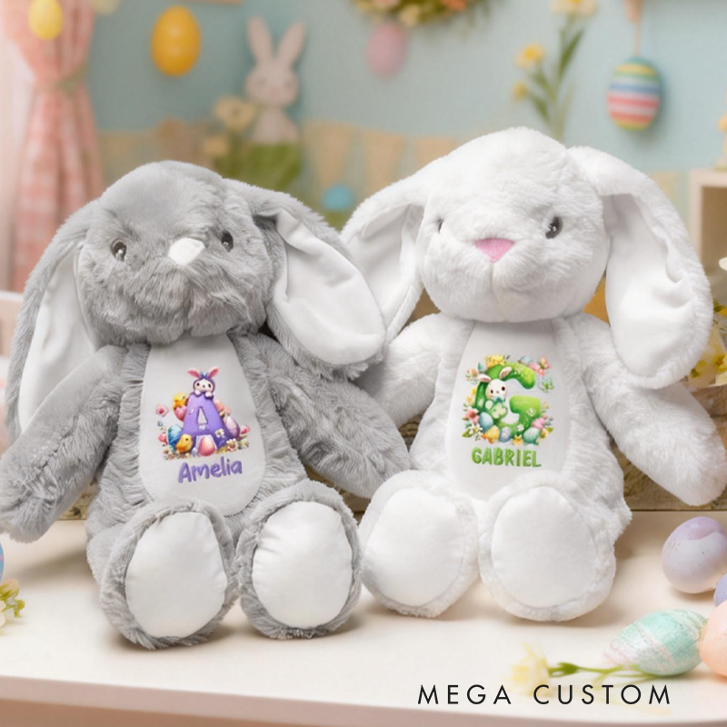 Personalized Easter Egg Cartoon Rabbit Flowers Plush Bunny Stuffed Toy with Initial and Name Easter Gift for Boys Girls