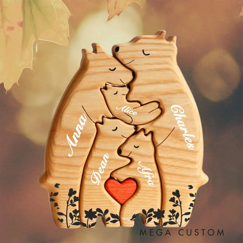 Personalized Wooden Bear Family Puzzle with 2-8 Names & Red Heart, Family Home Decor Family Keepsake Gift Birthday Christmas Gift for Parents Grandma
