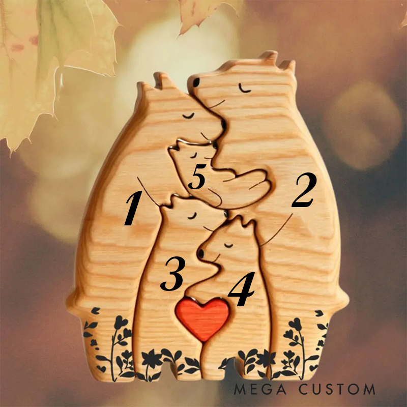 Personalized Wooden Bear Family Puzzle with 2-8 Names & Red Heart, Family Home Decor Family Keepsake Gift Birthday Christmas Gift for Parents Grandma