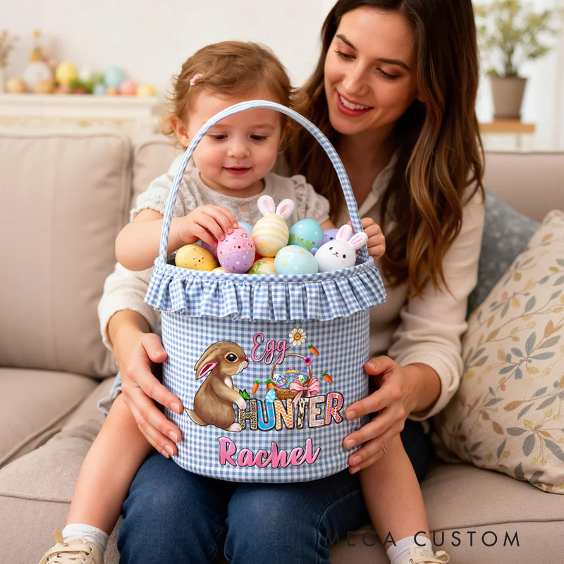 Personalized Cute Bunny Camouflage Flower Plaid Easter Basket with Name Easter Egg Hunt Easter Gift for Boys Girls