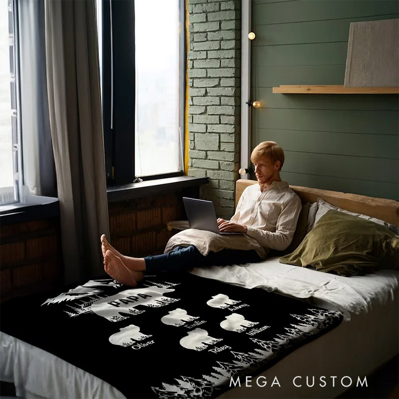 Personalized Papa Bear Blanket with Kids' Names Family Flannel Fleece Blanket Housewarming Decor Birthday Father's Day Gift for Dad Grandpa Him