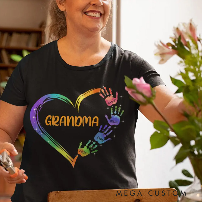 Personalized Colorful Heart Hand Print Shirt Custom Mom Grandma Shirt Grandma Heart And Hand Print Shirt Birthday Mother's Day Gift for Mom Grandma