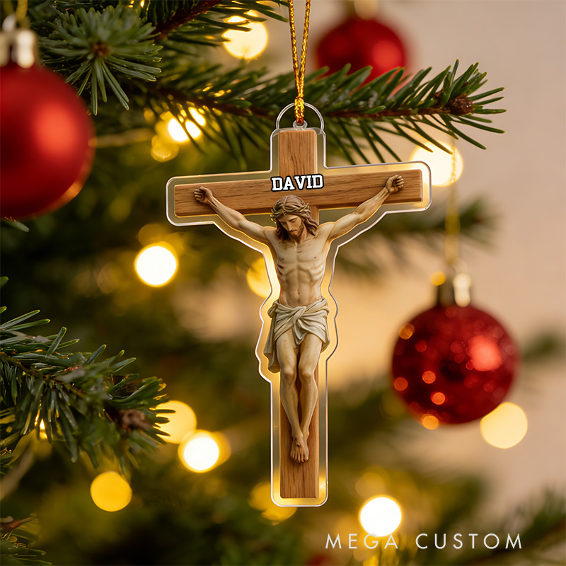 Personalized Jesus on the Cross Acrylic Ornament with Custom Name Christian Holiday Gift Decor Juses Keepsake Faith Based Gift Religious Gift