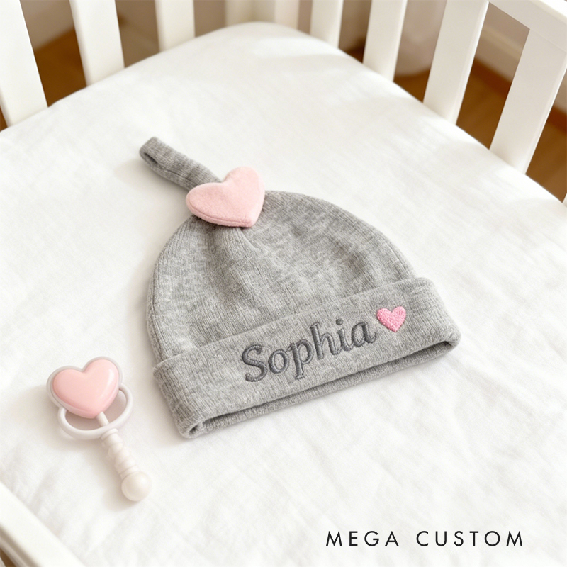 Personalized Valentine's Heart Knit Baby Hat Custom Name Newborn Beanie With Heart for 0-12 Months, Soft and Adorable