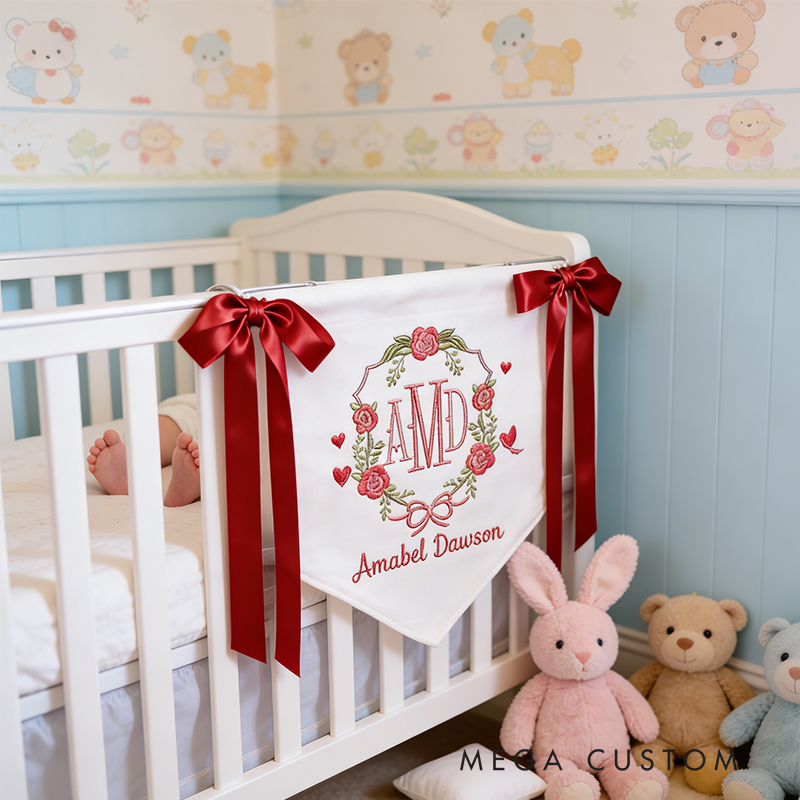 Personalized Valentine's Baby Crib Banner Custom Name and Initials Embroidered Keepsake Decorative and Versatile