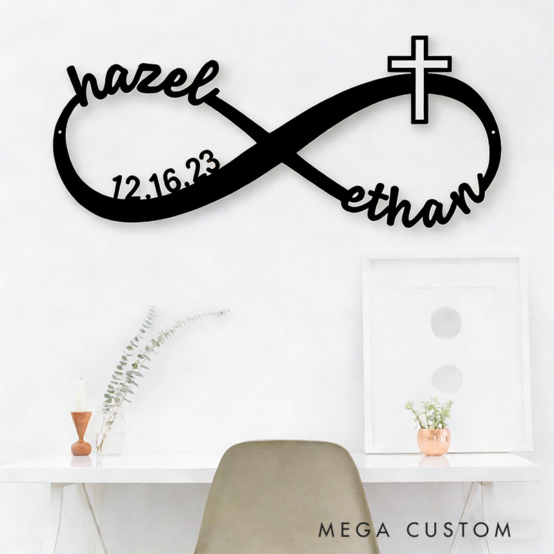 Personalized Infinity with Cross Metal Sign with Custom Names and Date Wall Art Wedding Gift for Couple Anniversary Gift Christian Gift Religious Gift