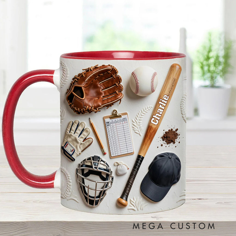Personalized Baseball Mug with Custom Name and Sports Gear Artwork for Coaches and Baseball Fans