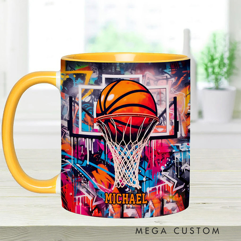 Personalized Basketball Mug with Custom Name and Graffiti Artwork for Basketball Enthusiast