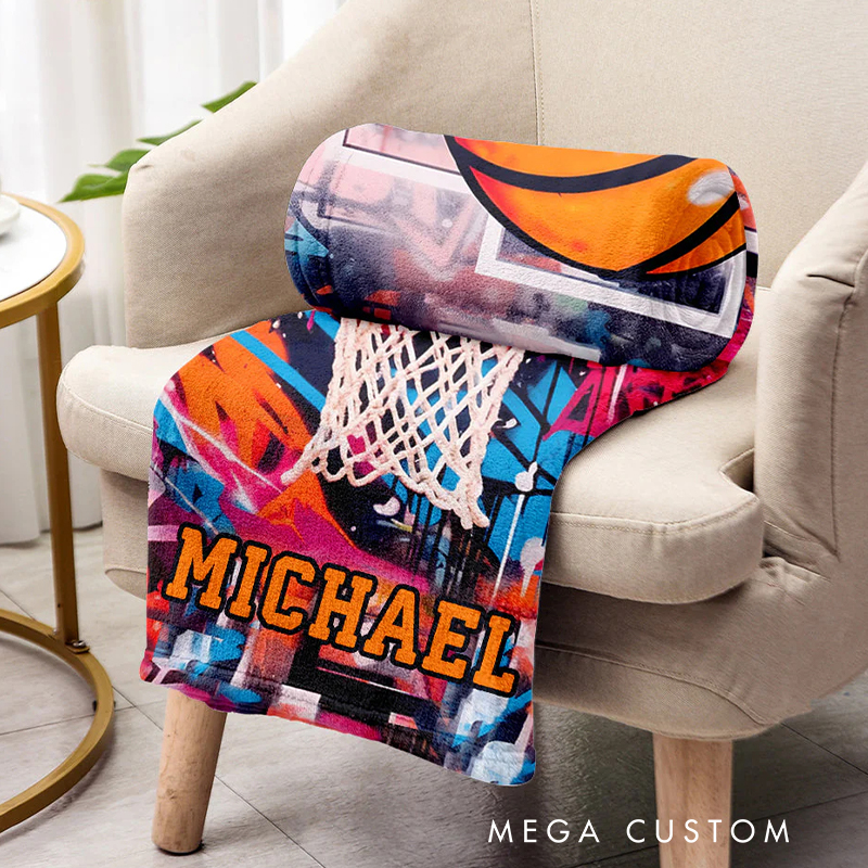 Personalized Basketball Blanket with Custom Name and Graffiti Design for Basketball Enthusiasts