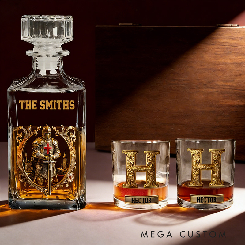 Personalized Strong Warrior Whiskey and Glass Set with Custom Initial and Name Drink Set for Family Christian Knight with Cross Whiskey Decanter Set