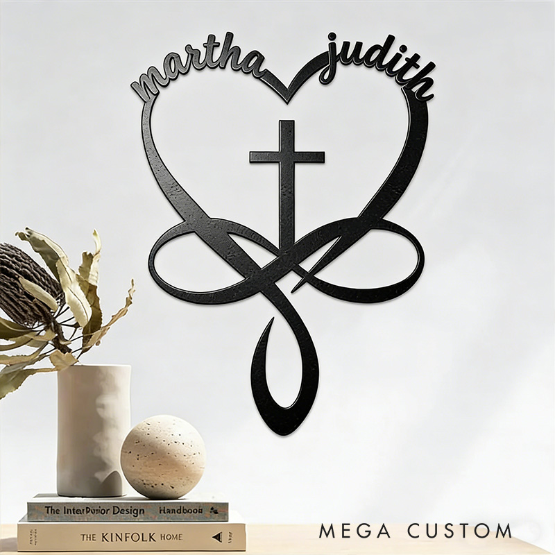 Personalized Heart Cross Infinity Metal Sign with Custom Names Wall Art Vintage Religious Decorations Wedding Gift for Couple Religious Christian Gift