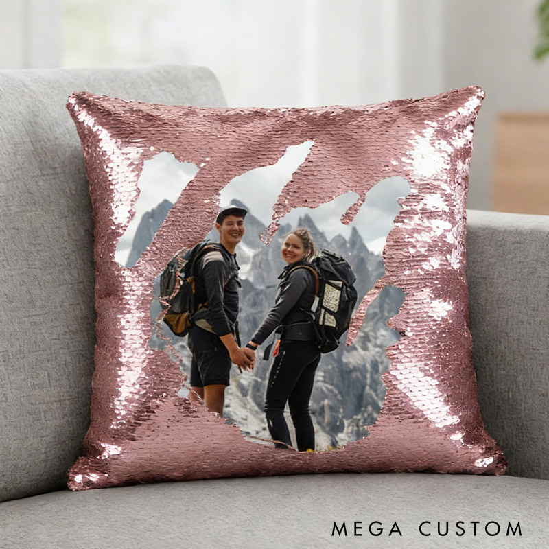 Personalized Reversible Sequin Photo Pillow Custom Sequin Pillow Picture Gifts for Her Him Couple