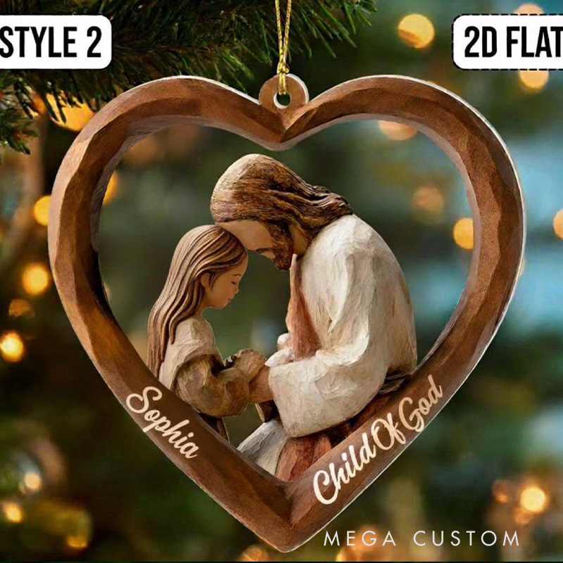 Personalized Child Of God 2D Flat Faux Wood Acrylic Ornament with Custom Name Jesus and Kids Christian Holiday Gift Decor Child Pray God Keepsake Gift