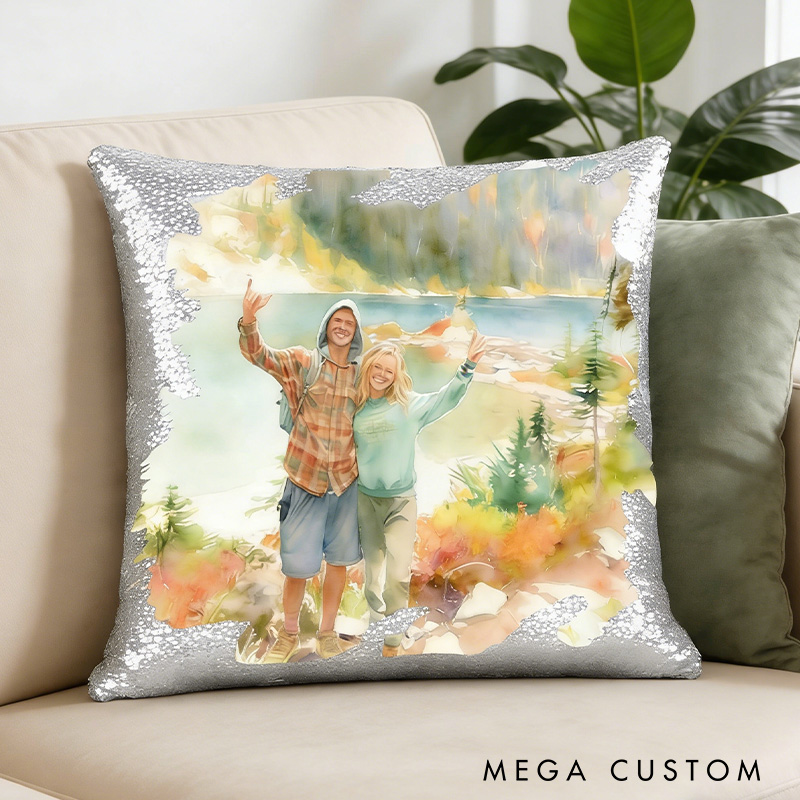 Personalized Watercolor-Style Sequin Photo Pillow Custom Couple Photo Pillow Gifts for Outdoor Couple Hiking 