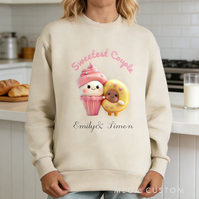 Personalized Sweetest Couple Kawaii Cupcake and Donut Cute Valentine's Day Dessert Sweatshirt for Baking Lovers