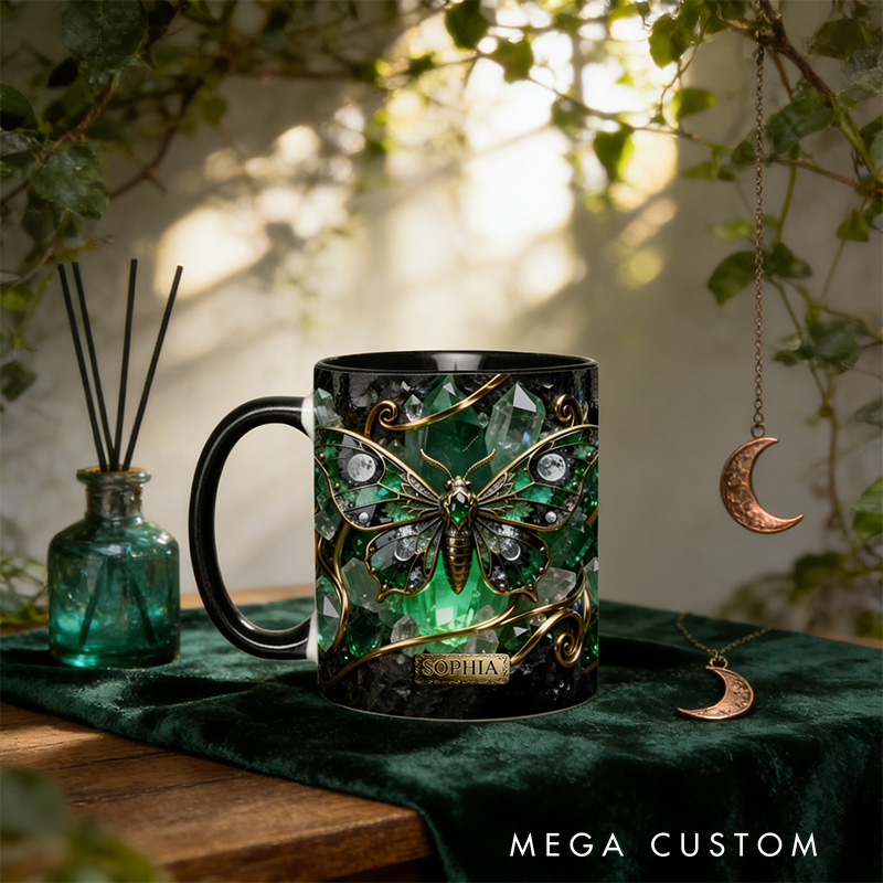 Personalized 2D Flat Magical Green Crystal Butterfly Mug Coffee Mug Magic Lover Mug Witchcore Gift Coffee Mug