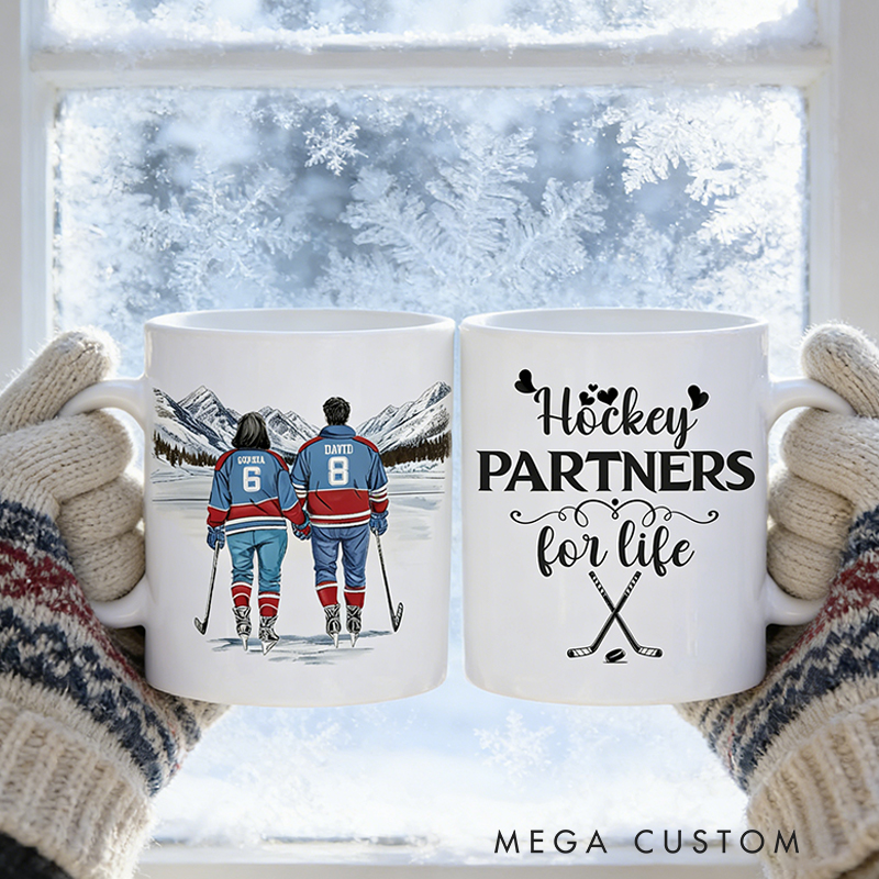 Personalized Couple’s Hockey Mug with Custom Names and Numbers for Hockey-Loving Couples
