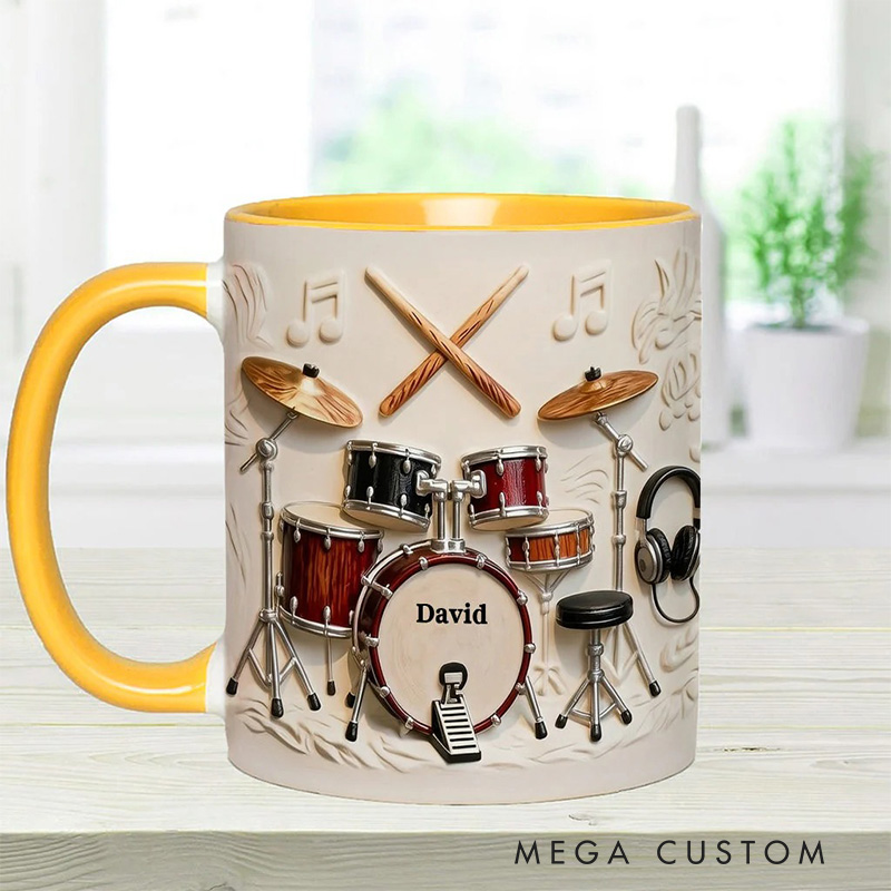 Personalized 2D Flat Name Awsome Drumer Accent Mug Custom Drum Themed Mug for Music Lovers