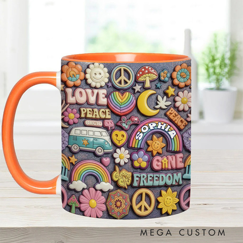 Personalized 2D Flat Hippie Living In Peace Mug Custom Name Colorful Hippie Car Hippie Coffee Mug Bohemian Coffee Mug