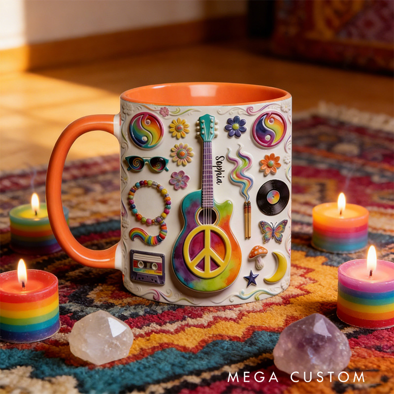 Personalized 2D Flat Hippie Love Hope Peace Guitar Mug Custom Name Colorful Hippie Car Hippie Coffee Mug Bohemian Coffee Mug
