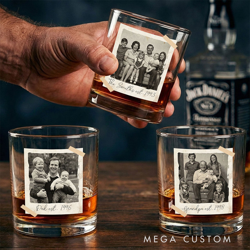 Personalized Photo Whiskey Glass Custom Vintage Retro Polaroid Photo for Dad Grandpa Him Husband Family Gift