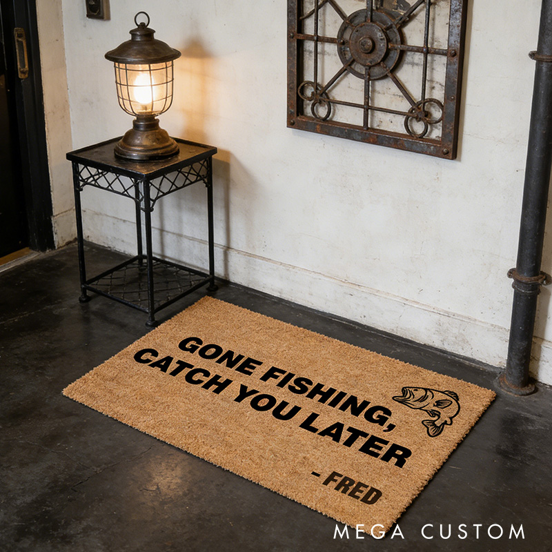 Personalized Gone Fishing Catch You Later Customizable Name Doormat Gift for Dad / Grandad / Fisher Sea Bass Fish Coconut Coir Doormat