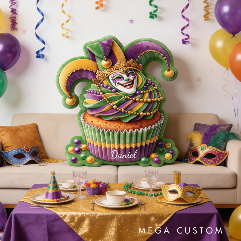 Personalized Mardi Gras Cupcake Throw Pillow Graphic 3D Print Jester Cupcake Pillow with Name Mardi Gras Gift for Girl Boy Kids Pillow Baking Lover Gifts