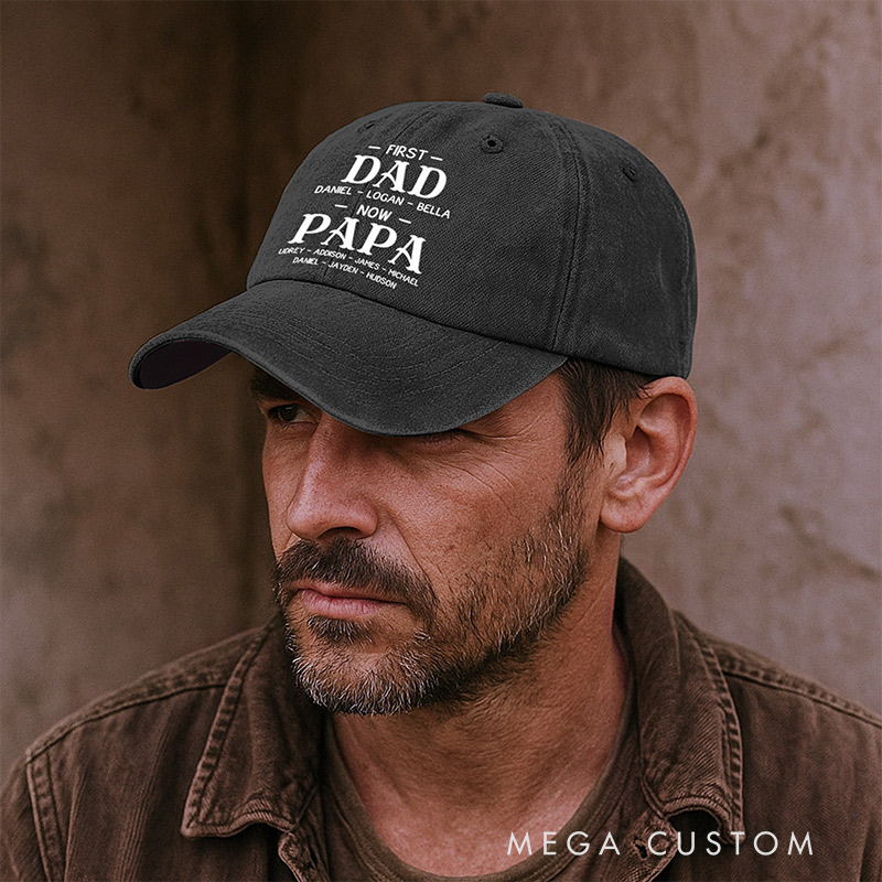 Personalized Vintage Washed Denim Baseball Cap First Dad Now Grandpa with Kids' Names Cap Gifts for Grandpa Dad 