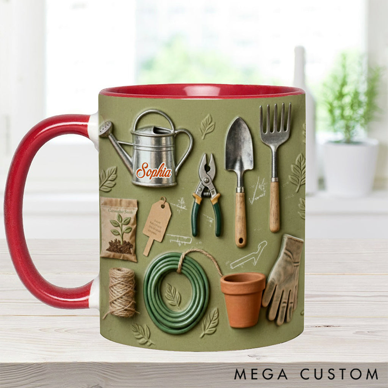 Personalized Gardening Accent Mug Adorned with 3D Tool Embellishments Custom Name Engraved Mug for Avid Garden Lovers