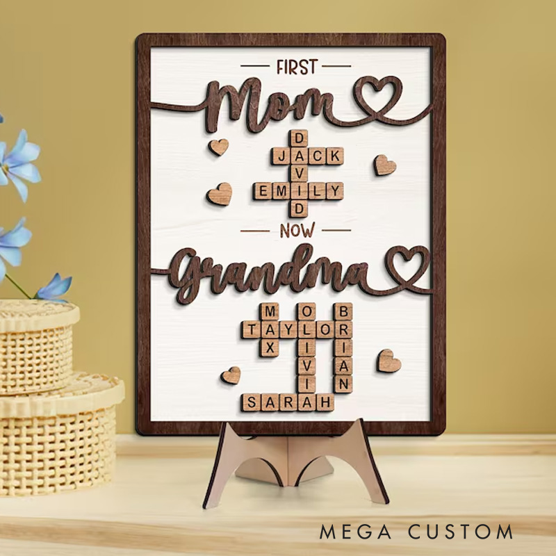 Personalized First Mom Now Grandma Wooden Sign Crossword Puzzle Art Frame Family Keepsake Gift For Mom Grandma Gift Mothers Day Gift 