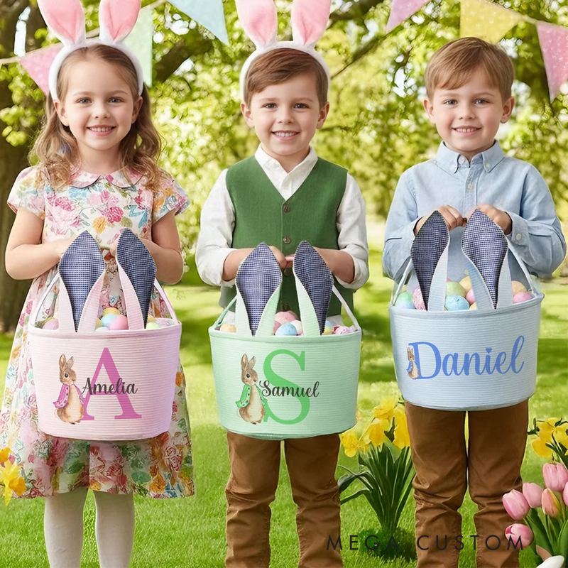 Personalized Cute Peter Rabbit Ears Stripe Easter Basket with Name and Initial Easter Party Favor Eggs Hunting Gift for Kids