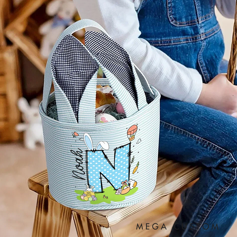 Personalized Cute Bunny Ears Polka Dot Initial Easter Basket with Name Egg Hunt Accessories Easter Party Gift for Boys Girls