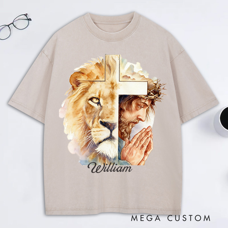 Personalized Man of God Lion of Judah Washed T-Shirt with Custom Name Jesus Tee Religious Gift Christian Gift for Men