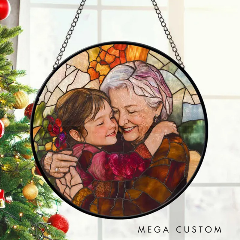 Personalized Grandma And Grandkids Portrait Faux Stained Glass Custom Photo Family Window Hanging Ornament Gift For Mom Grandma